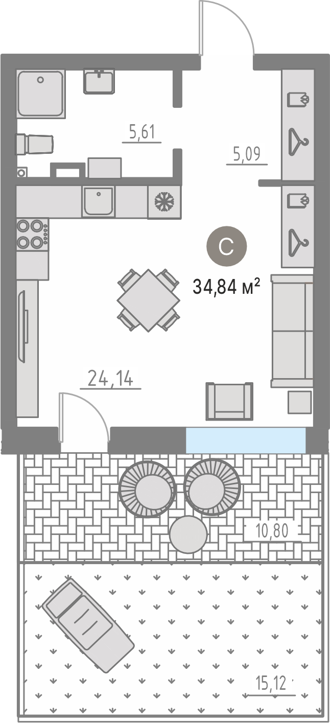 Планировка: Студия 34.1 м² в ЖК Кипрея, Область