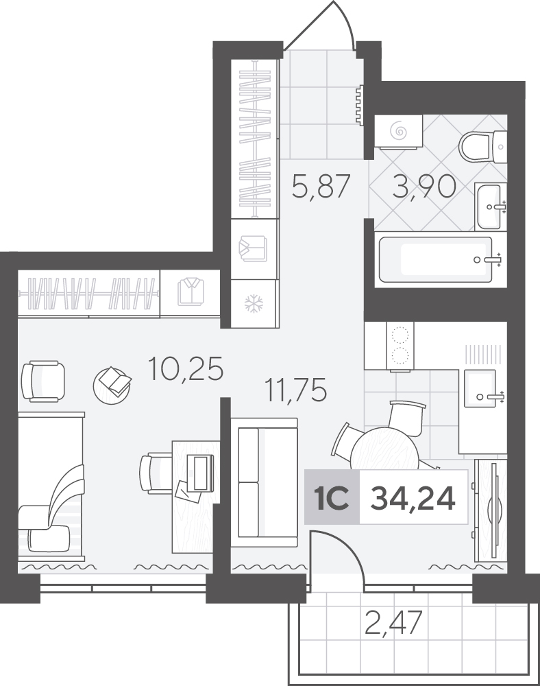 Планировка: 1-комнатная 34.2 м² в ЖК Скандиа. Квартал в Комарово Парк, Комарово Парк