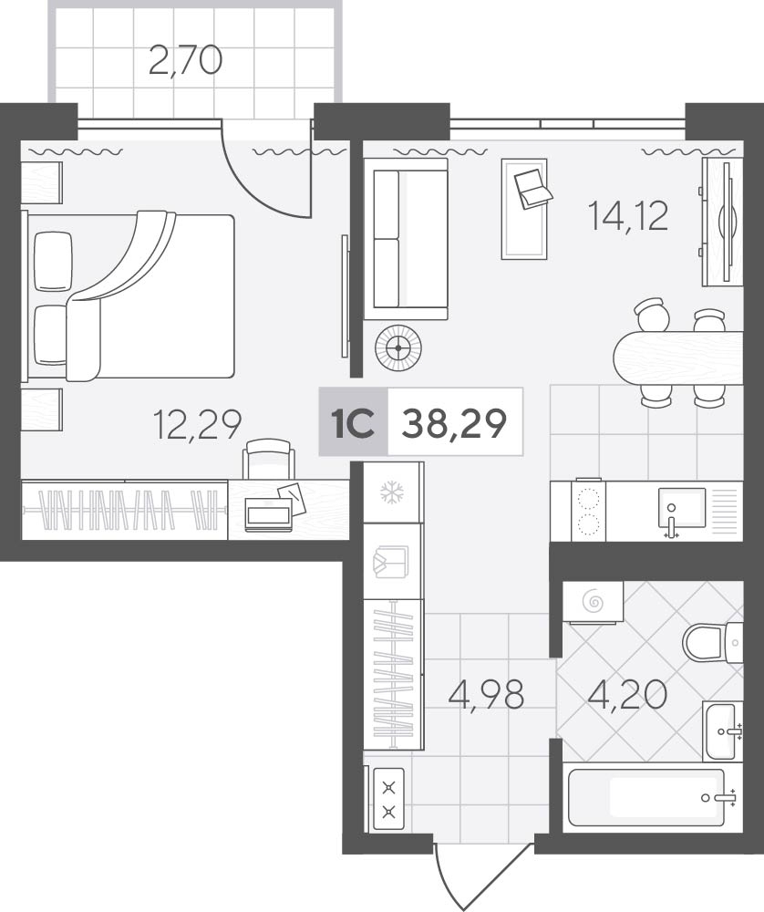 Планировка: Евродвушка 38.3 м² в ЖК Скандиа. Квартал у озера, Лесобаза