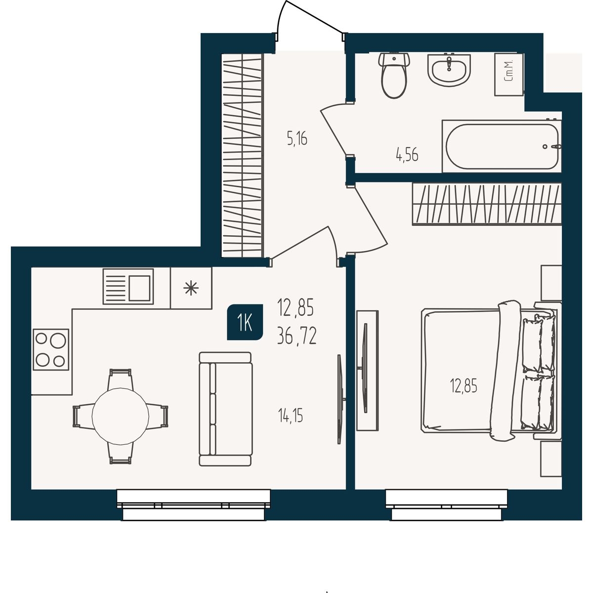Планировка: Евродвушка 36.7 м² в ЖК Квартал мятный, Мыс