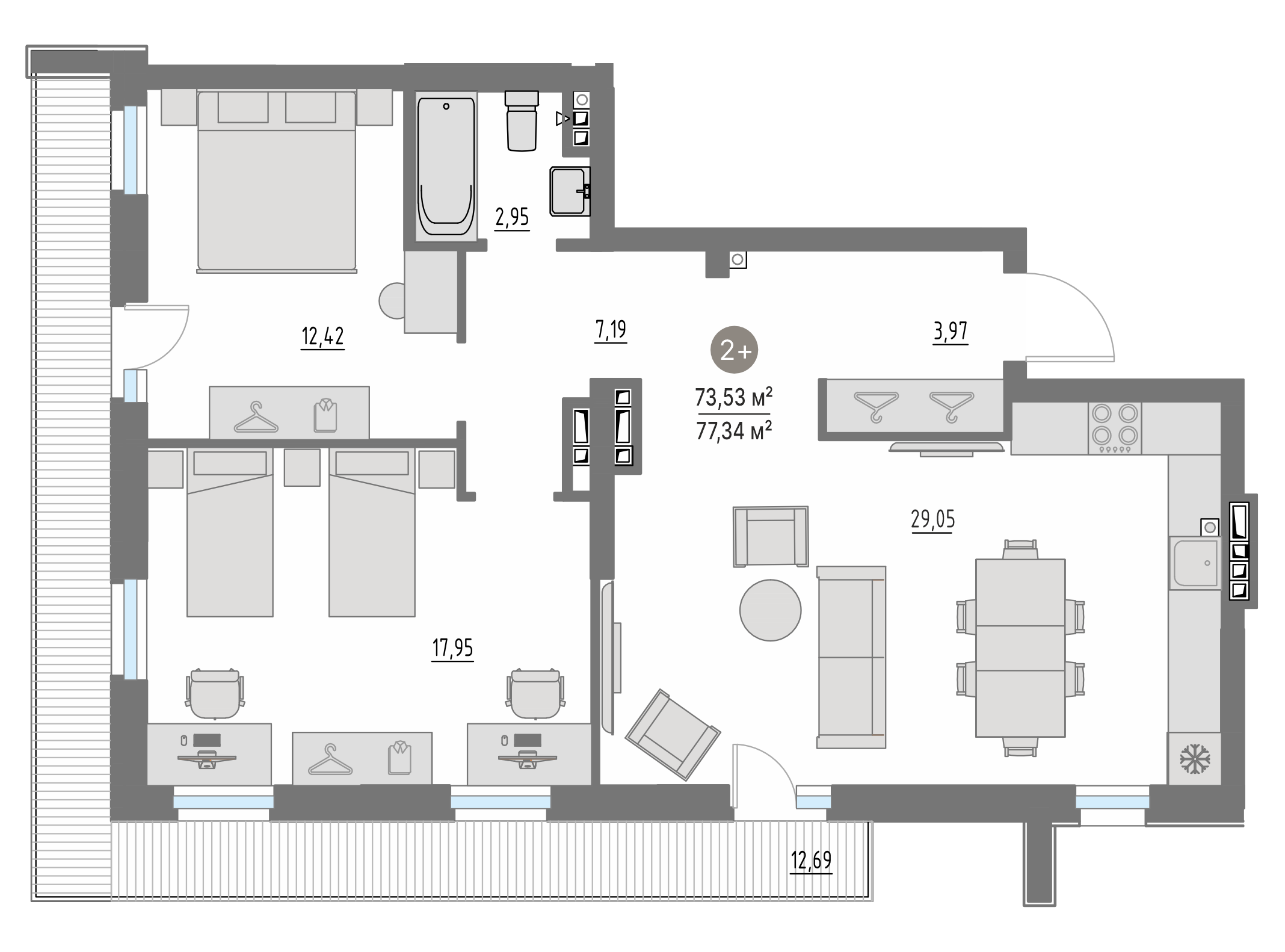 Планировка: Евротрешка 73.1 м² в ЖК Кипрея, Область