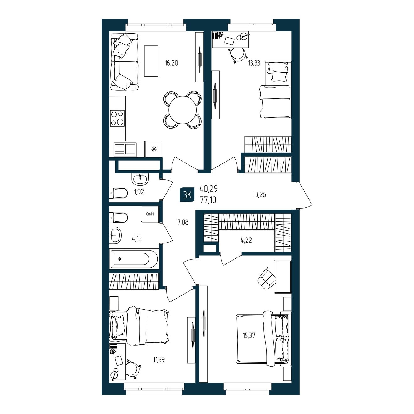 Планировка: 4-комнатная евро 77.1 м² в ЖК Квартал мятный, Мыс