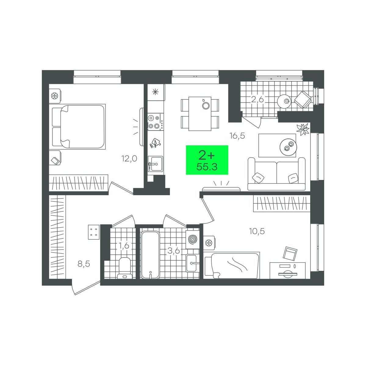 Планировка: Евротрешка 55.3 м² в ЖК Сезоны, От Слободы до Комарово парк