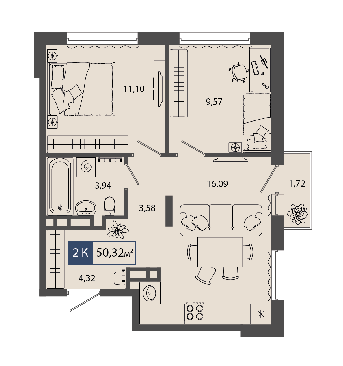 Планировка: Евротрешка 50.3 м² в ЖК Смородина, Мелиораторов