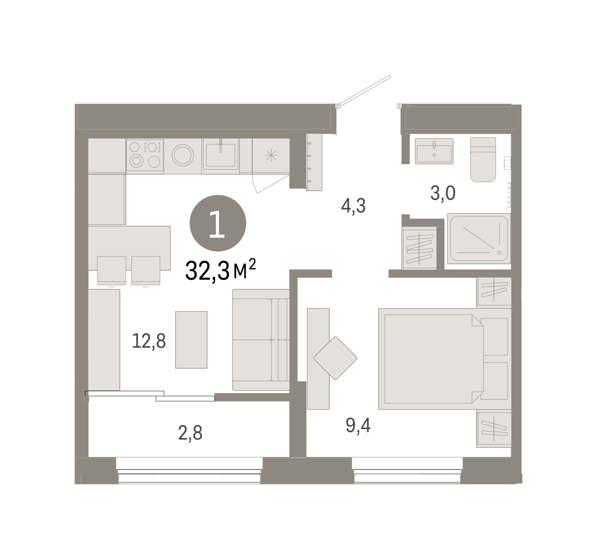 Планировка: 1-комнатная 32.3 м² в ЖК Октябрьский на Туре, ДОК