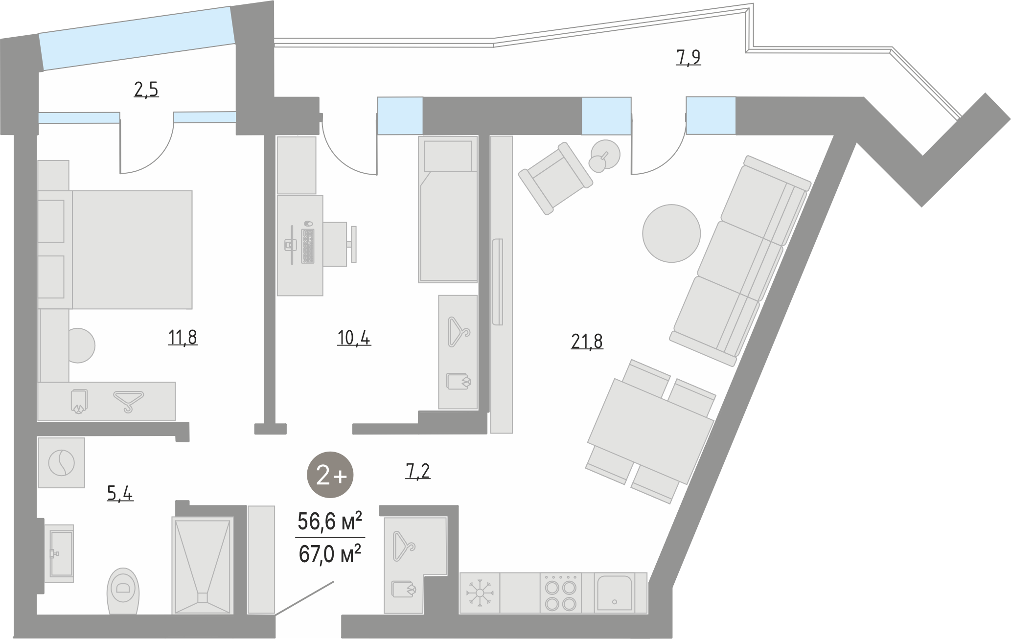 Планировка: Евротрешка 56.6 м² в ЖК Кипрея, Область