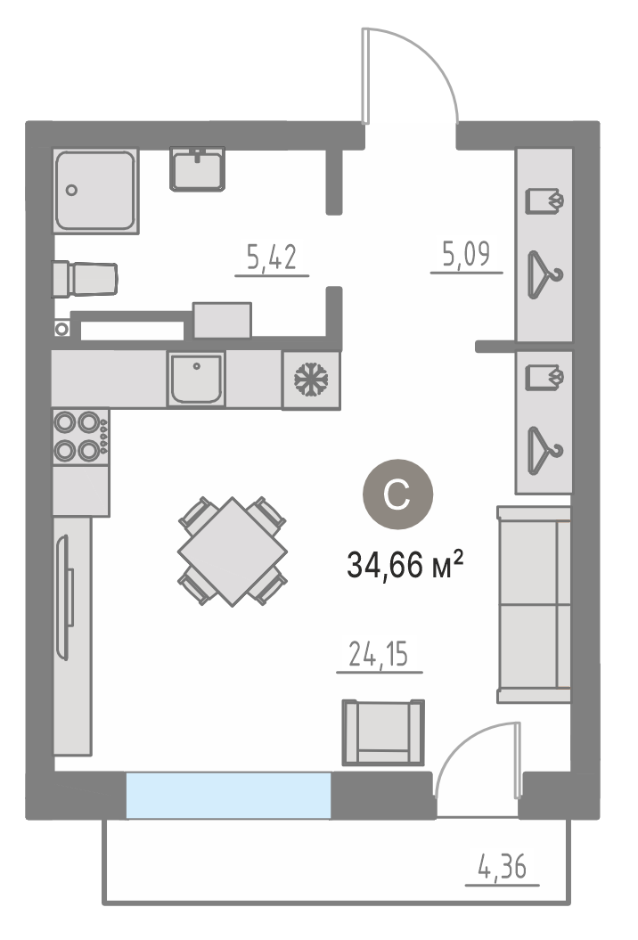 Планировка: Студия 34 м² в ЖК Кипрея, Область