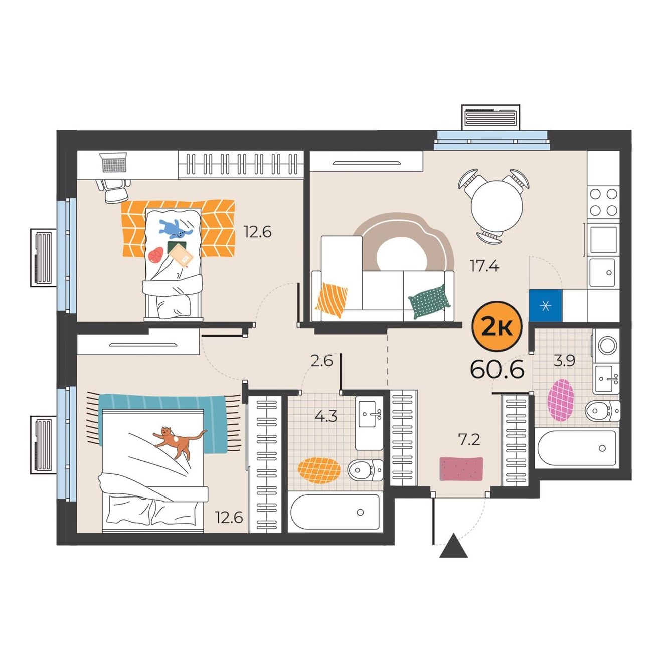 Планировка: Евротрешка 60.6 м² в ЖК Корней, Южный