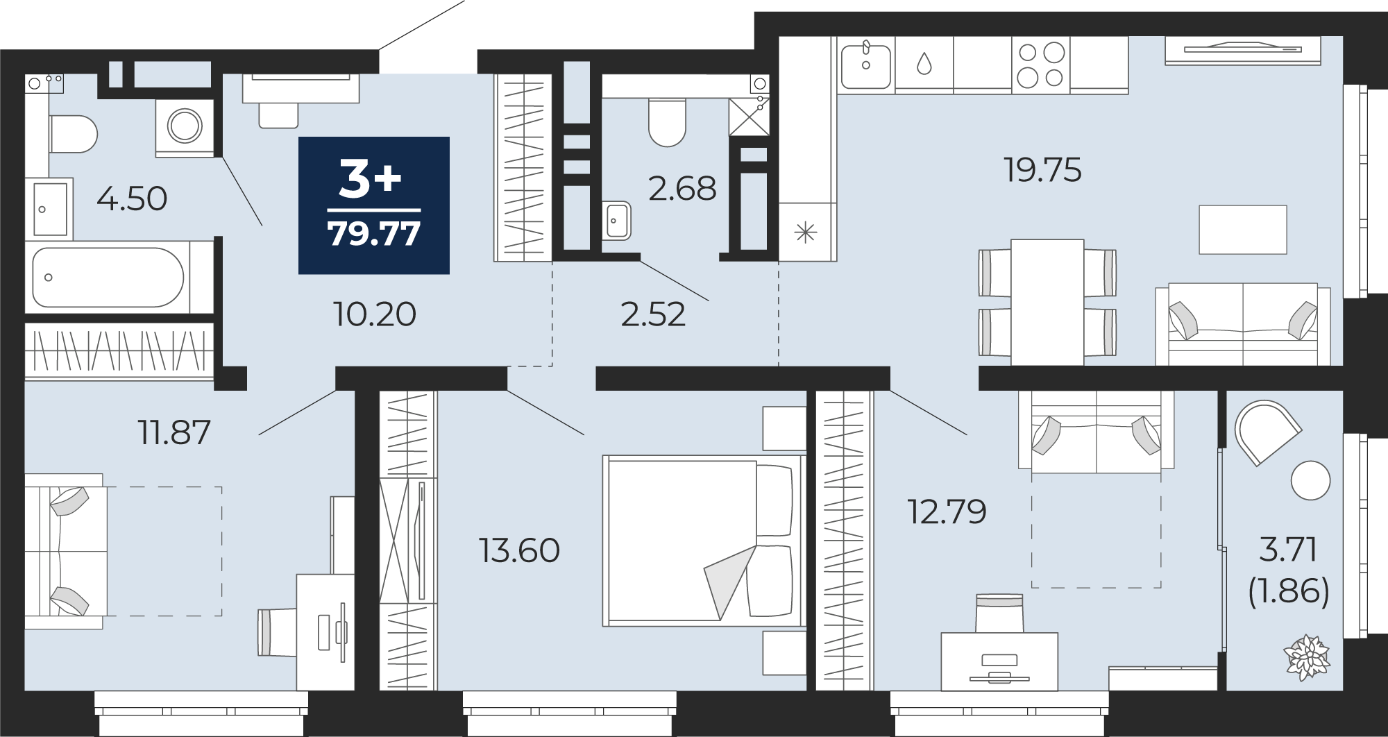 Планировка: 4-комнатная евро 77.9 м² в ЖК Беринг, Лесобаза