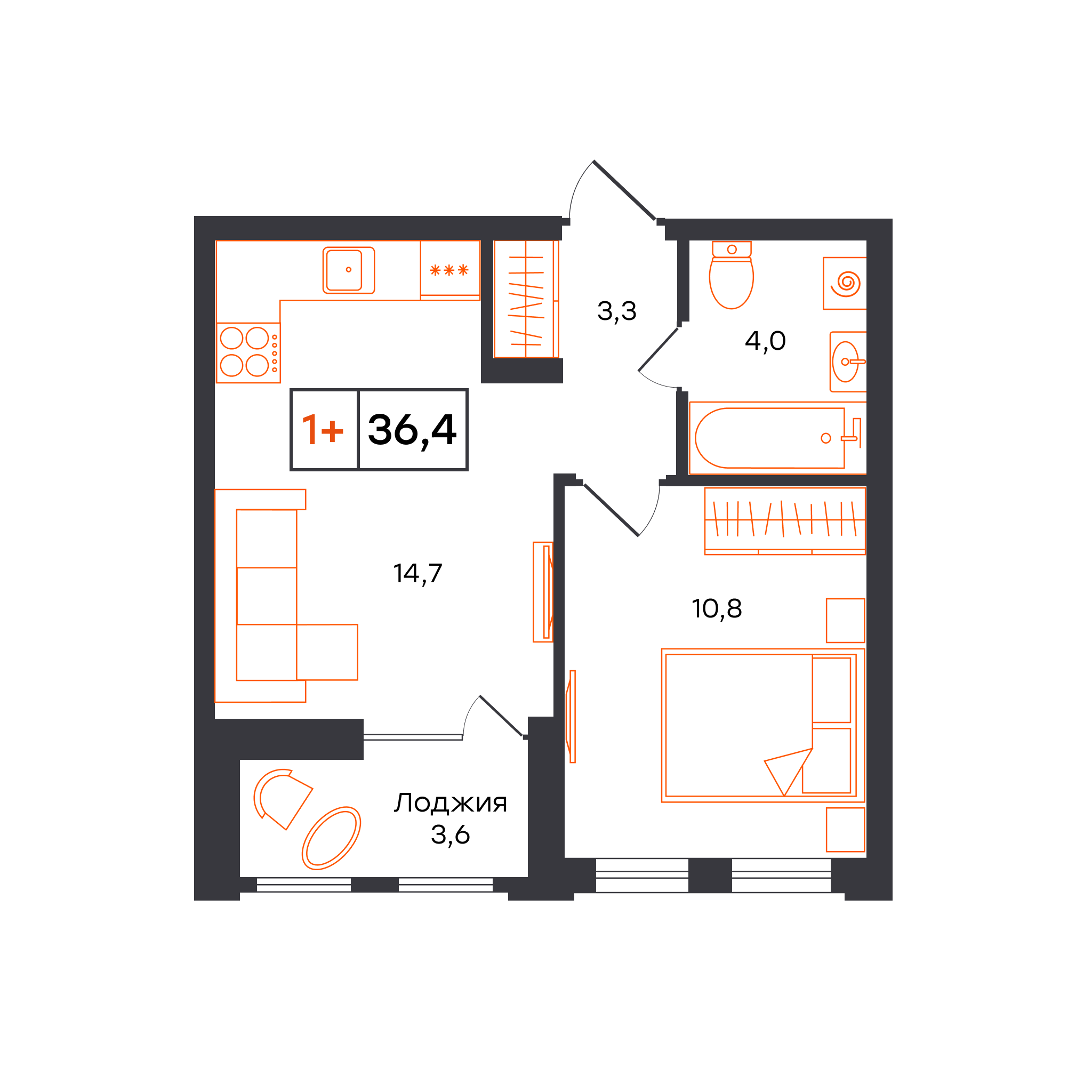 Планировка: Евродвушка 36.4 м² в ЖК Умный квартал UNO, Московский тракт