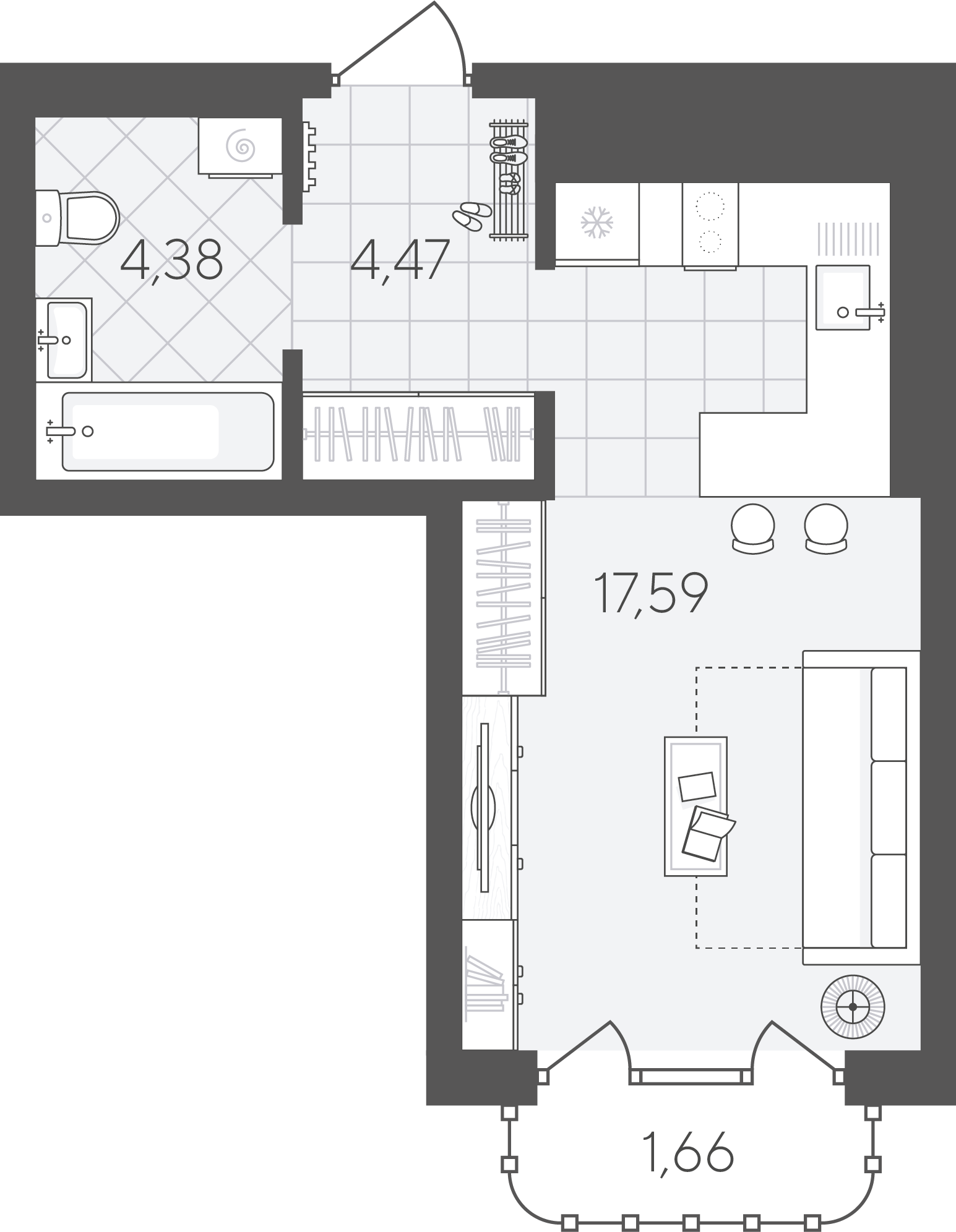 Планировка: Студия 28.1 м² в ЖК Скандиа. Квартал в Слободе, Тюменская слобода