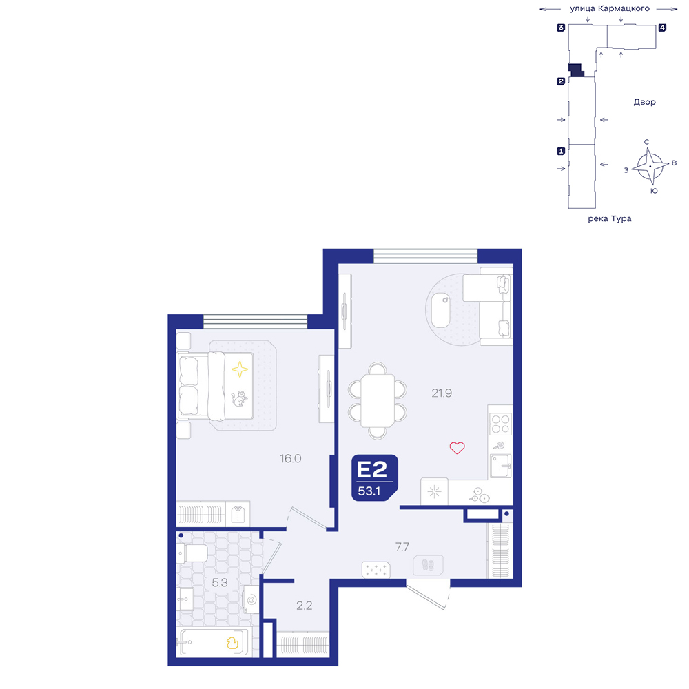 Планировка: Евродвушка 53.1 м² в ЖК Космо, 5-й Заречный