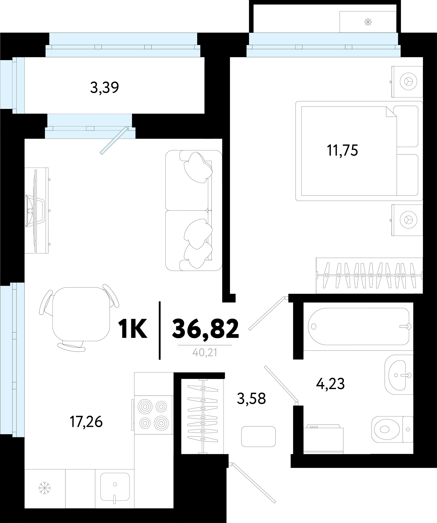 Планировка: Евродвушка 36.8 м² в ЖК Символ, Комарово Парк