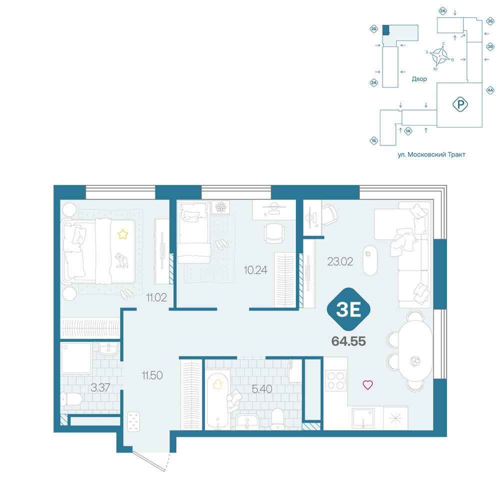 Планировка: Евротрешка 64.5 м² в ЖК Сибирский, Московский тракт