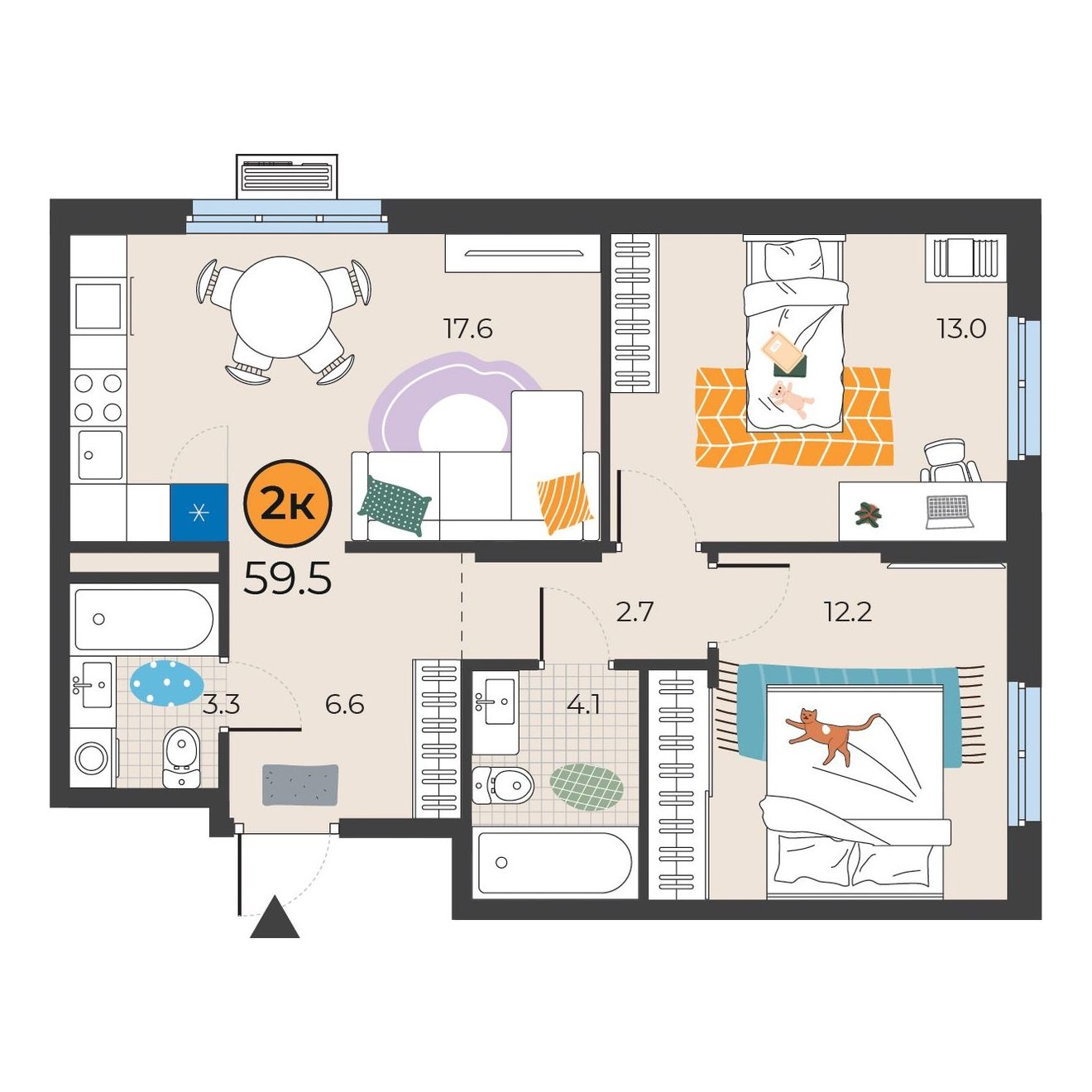 Планировка: Евротрешка 59.5 м² в ЖК Корней, Южный