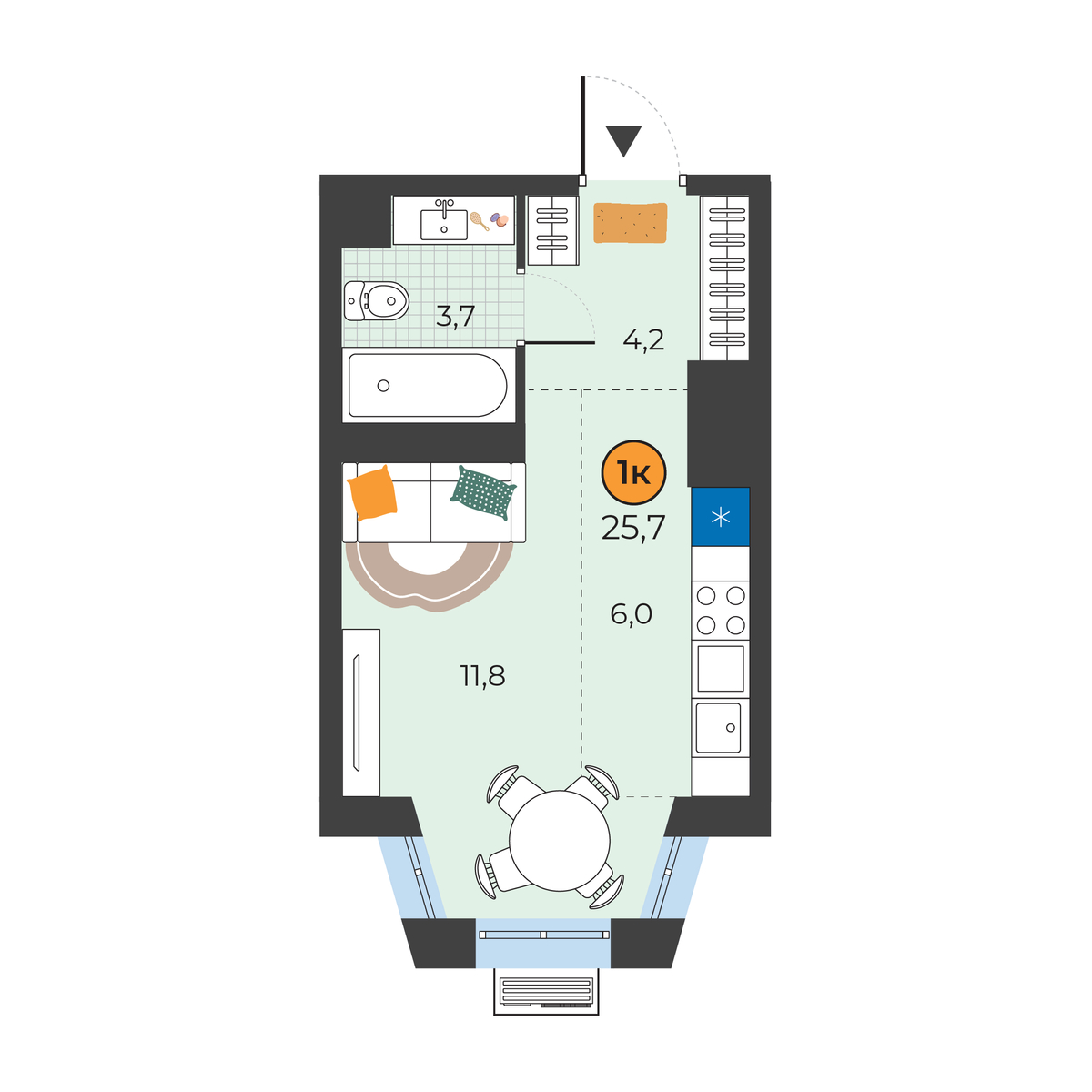 Планировка: Студия 25.7 м² в ЖК Корней, Южный