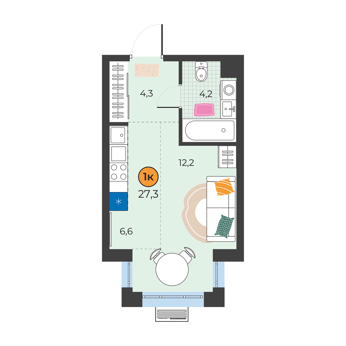 Планировка: Студия 27.3 м² в ЖК Корней, Южный
