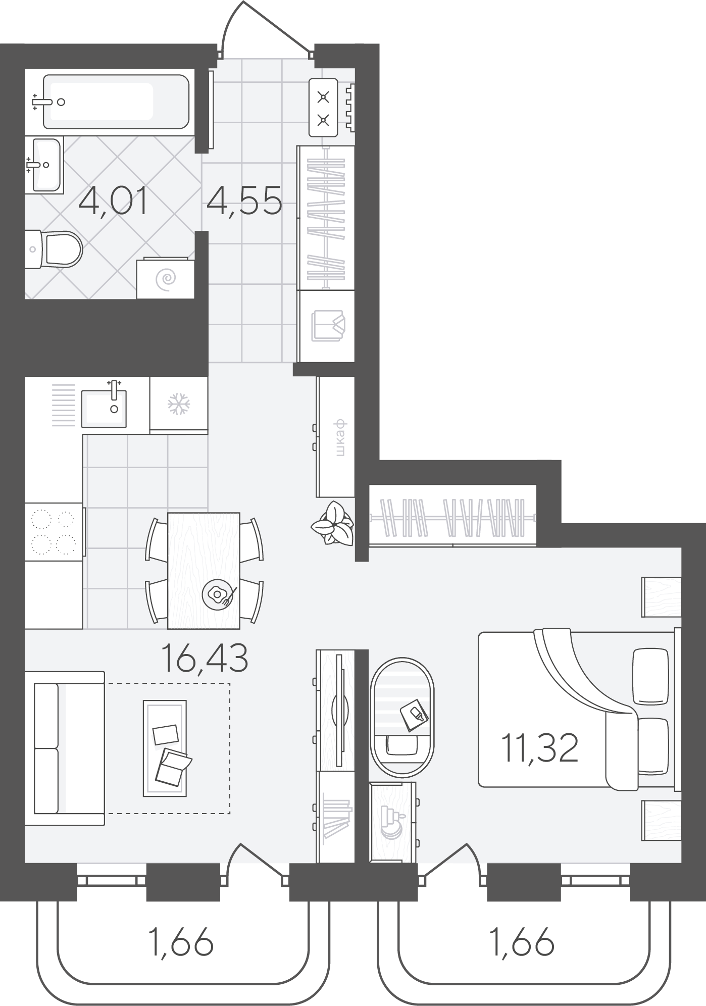 Планировка: Евродвушка 39.6 м² в ЖК Скандиа. Квартал в Слободе, Тюменская слобода