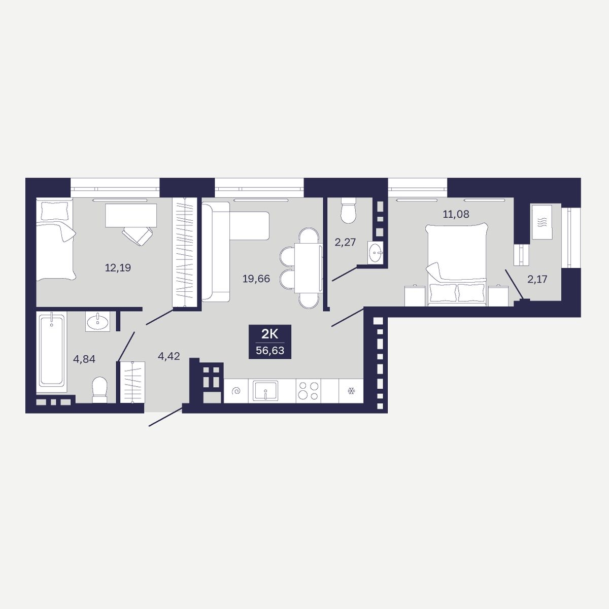 Планировка: Евротрешка 56.6 м² в ЖК Дом на Ямской, Дом Обороны