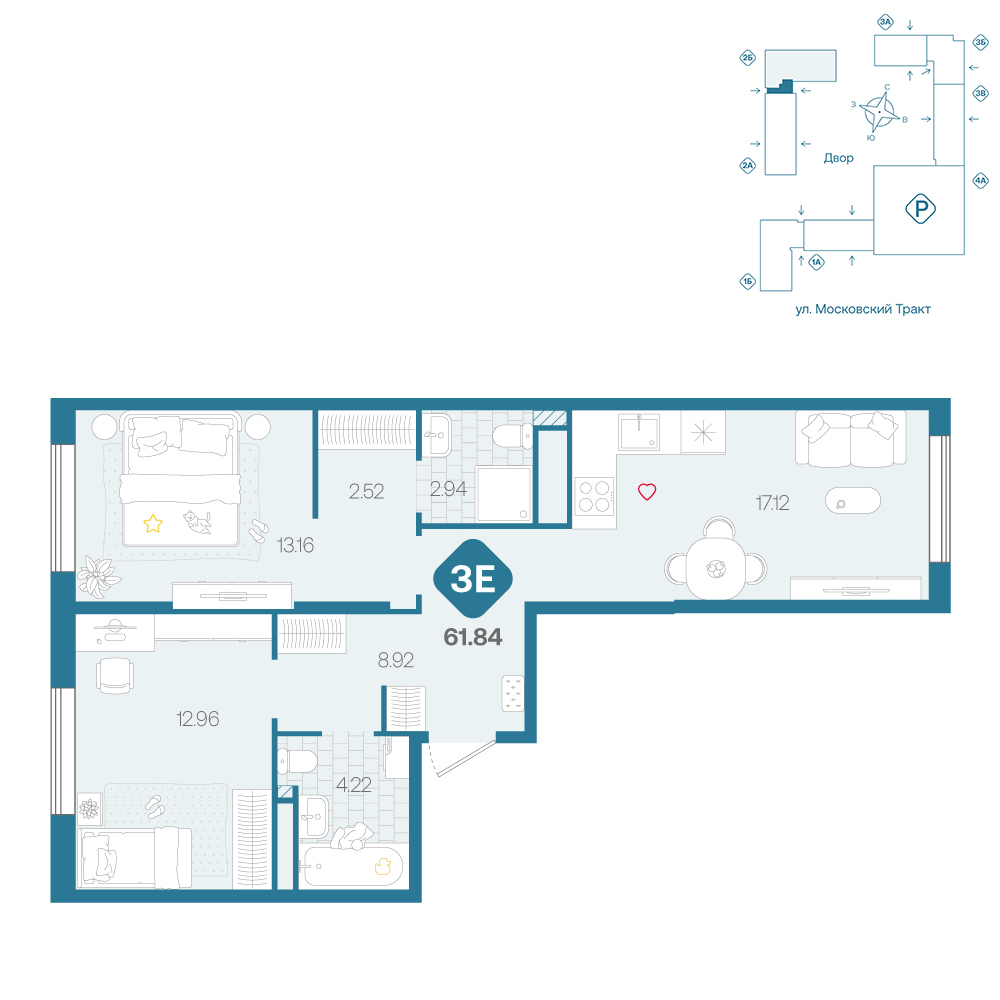 Планировка: Евротрешка 61.8 м² в ЖК Сибирский, Московский тракт