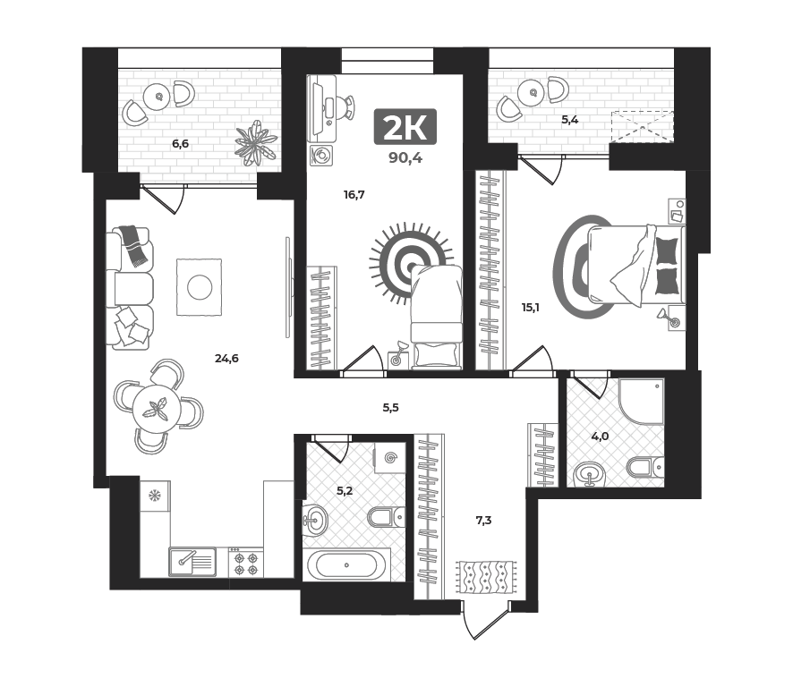 Планировка: Евротрешка 91.1 м² в ЖК Маэстро, 5-й Заречный