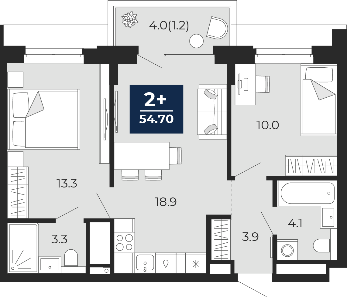 Планировка: Евротрешка 53.5 м² в ЖК Мириады, Мыс