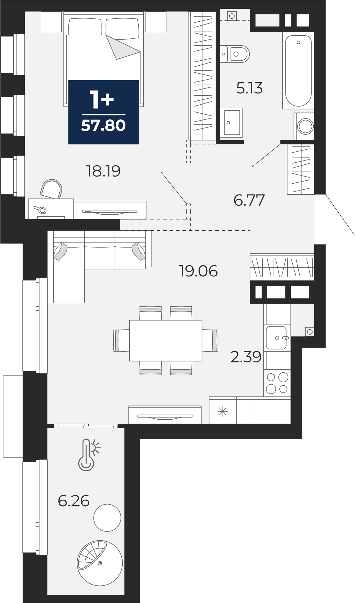 Планировка: Евродвушка 57.8 м² в ЖК Айвазовский, 5-й Заречный