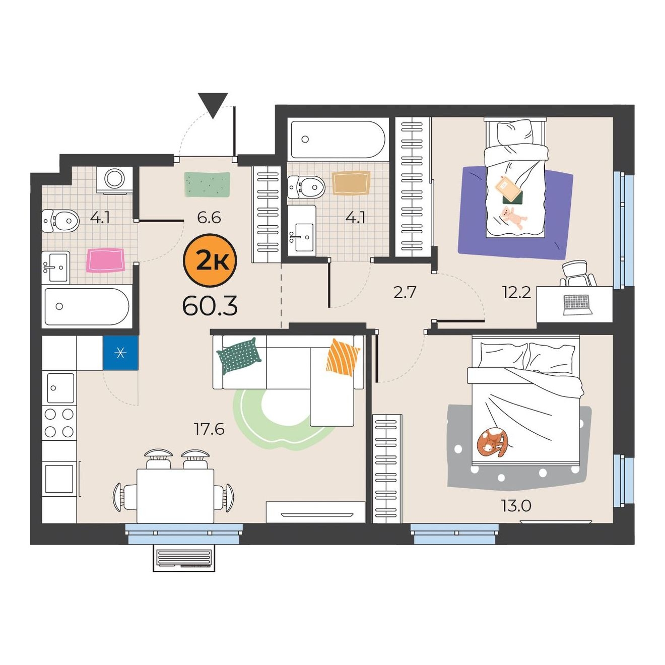 Планировка: Евротрешка 60.3 м² в ЖК Корней, Южный