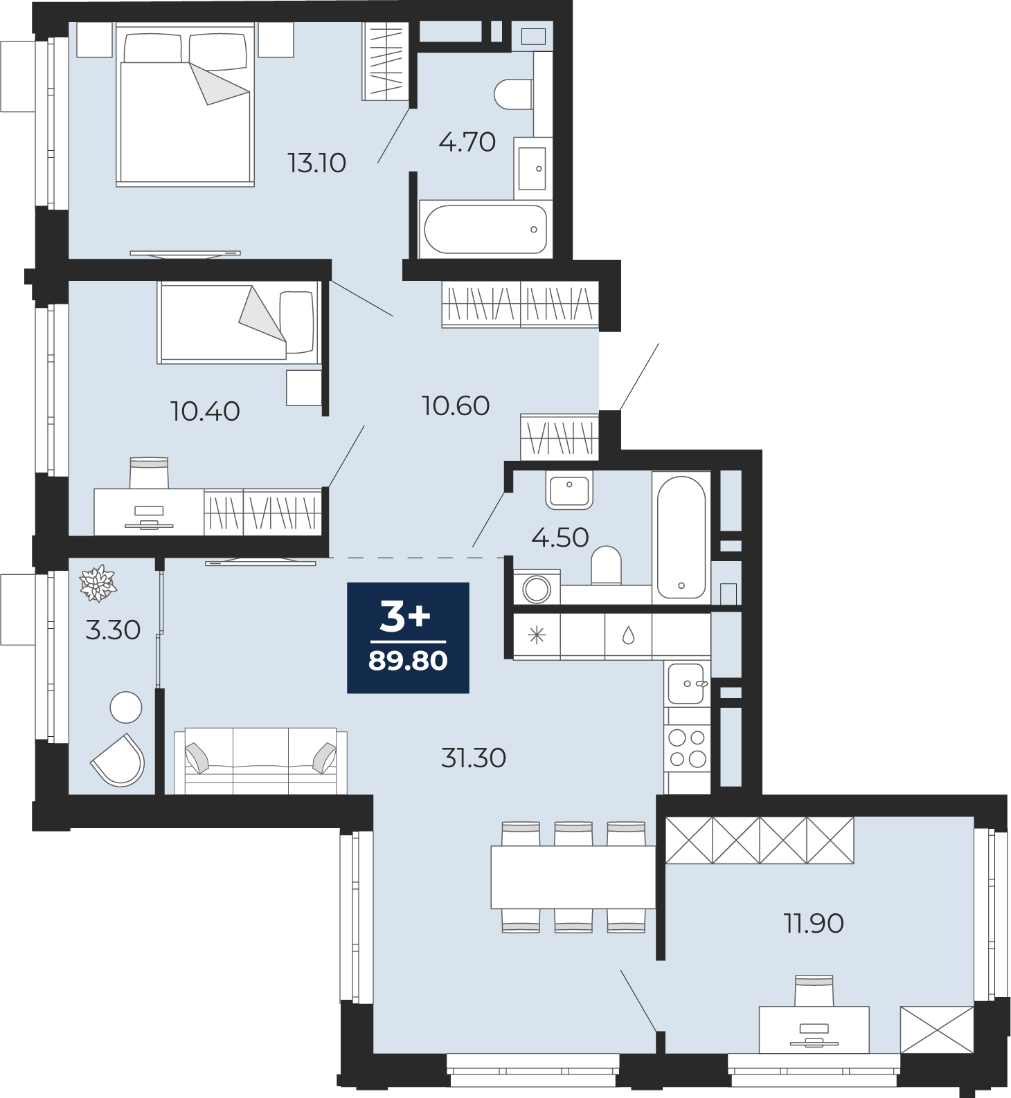 Планировка: 4-комнатная евро 86.5 м² в ЖК Айвазовский, 5-й Заречный