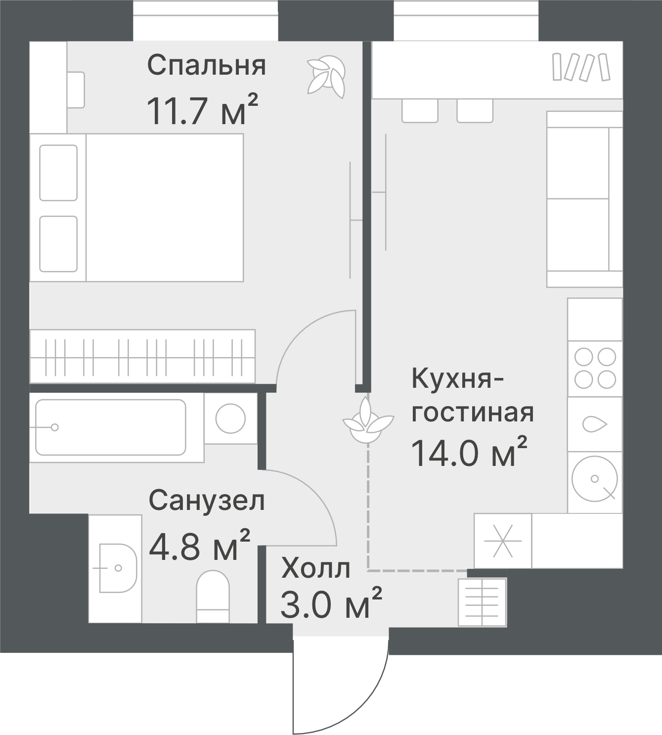 Планировка: Евродвушка 33.5 м² в ЖК Дружеский, Плеханово