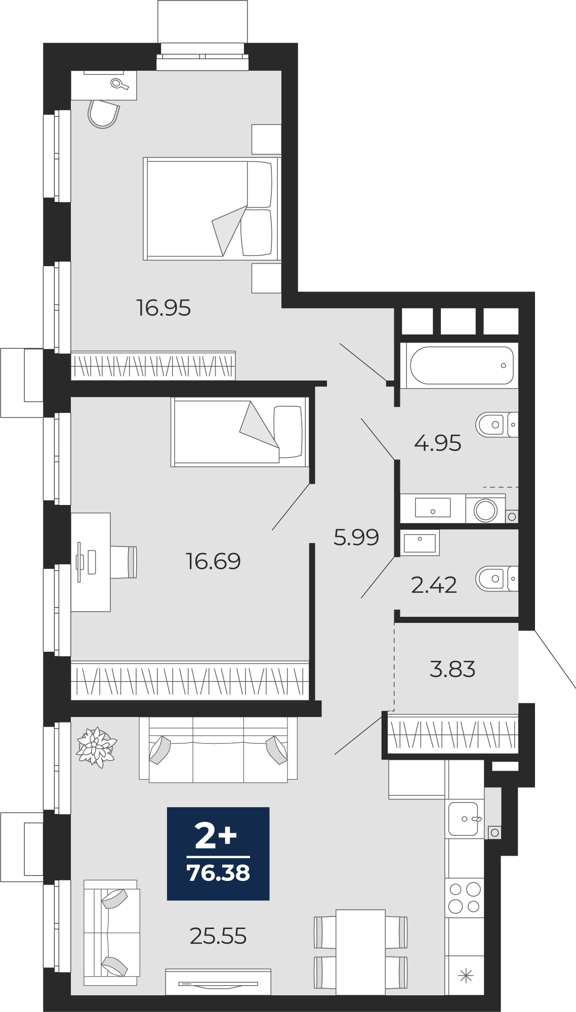 Планировка: Евротрешка 76.4 м² в ЖК Айвазовский, 5-й Заречный