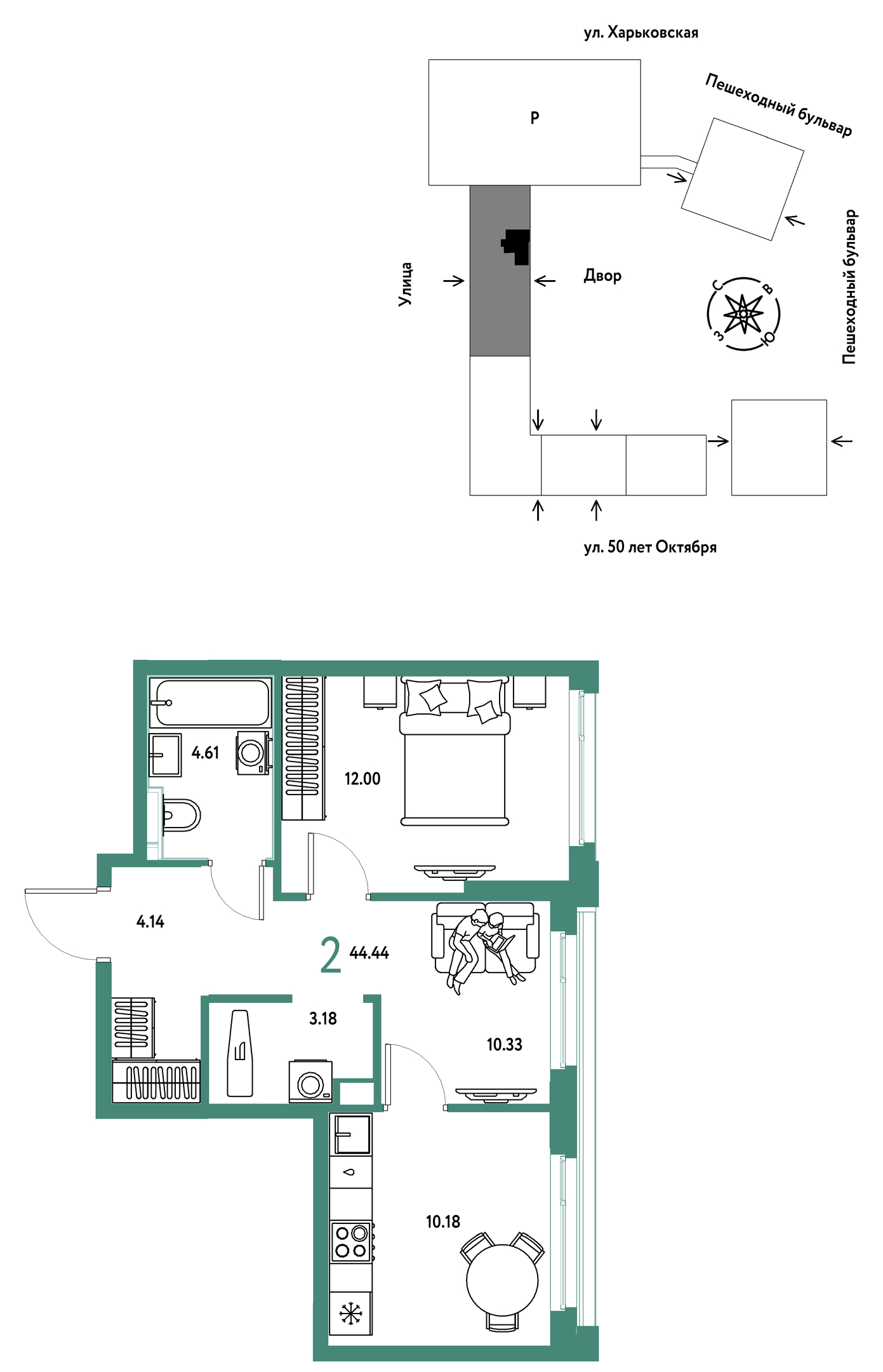 Планировка: Евродвушка 44.4 м² в ЖК Сердце Сибири, Центр: КПД
