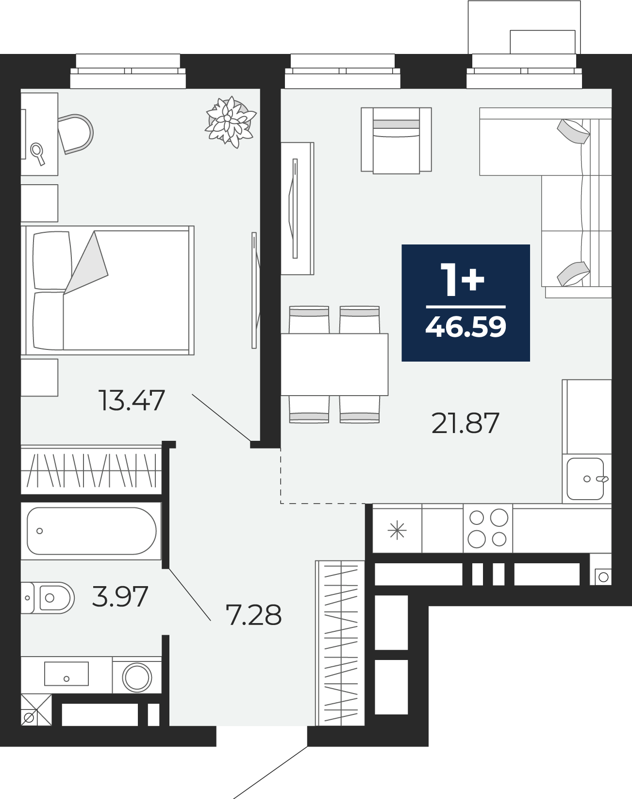 Планировка: Евродвушка 46.6 м² в ЖК Айвазовский, 5-й Заречный
