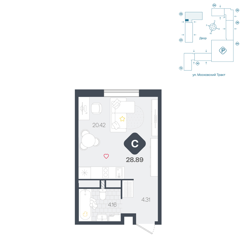 Планировка: Студия 28.9 м² в ЖК Сибирский, Московский тракт