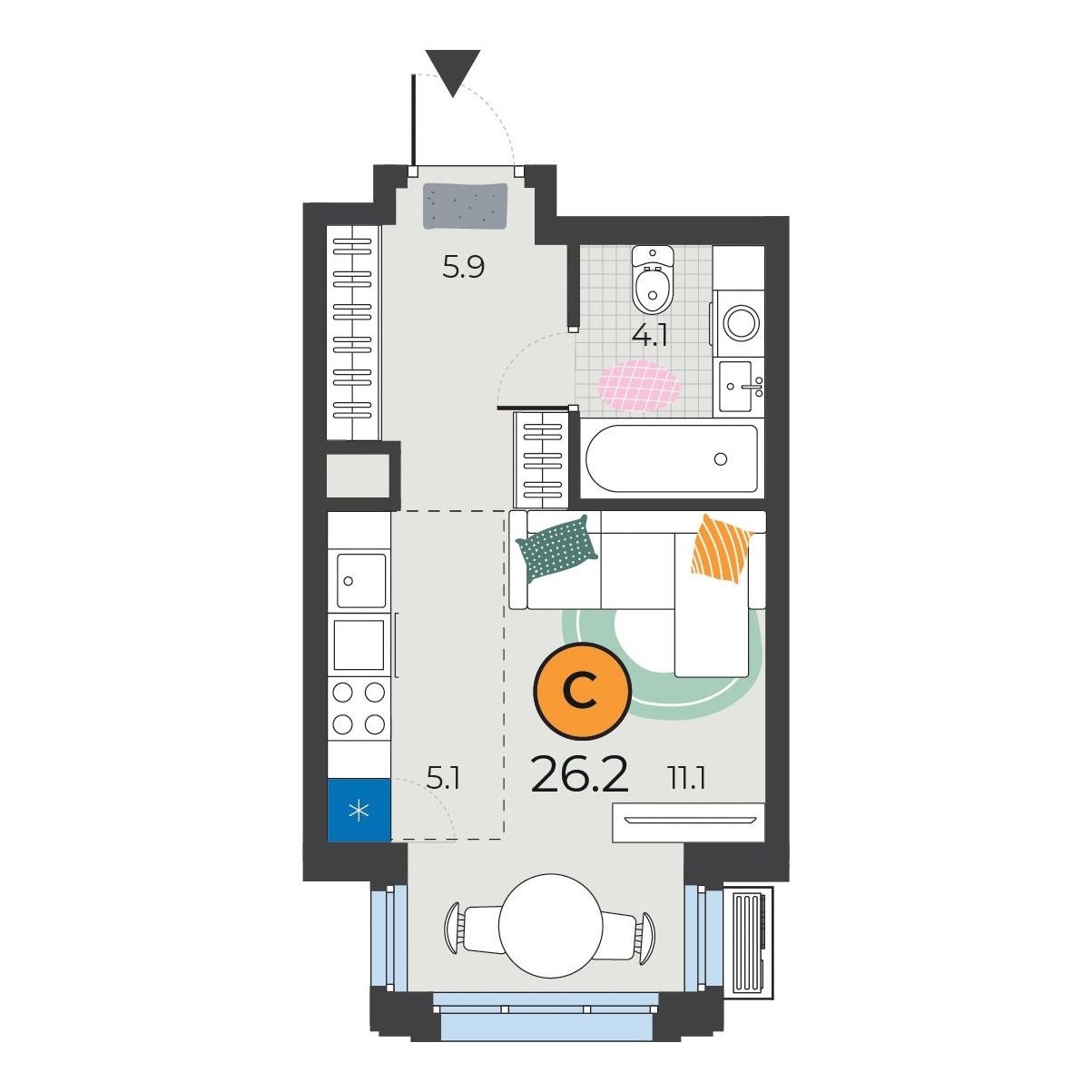 Планировка: Студия 26.2 м² в ЖК Корней, Южный