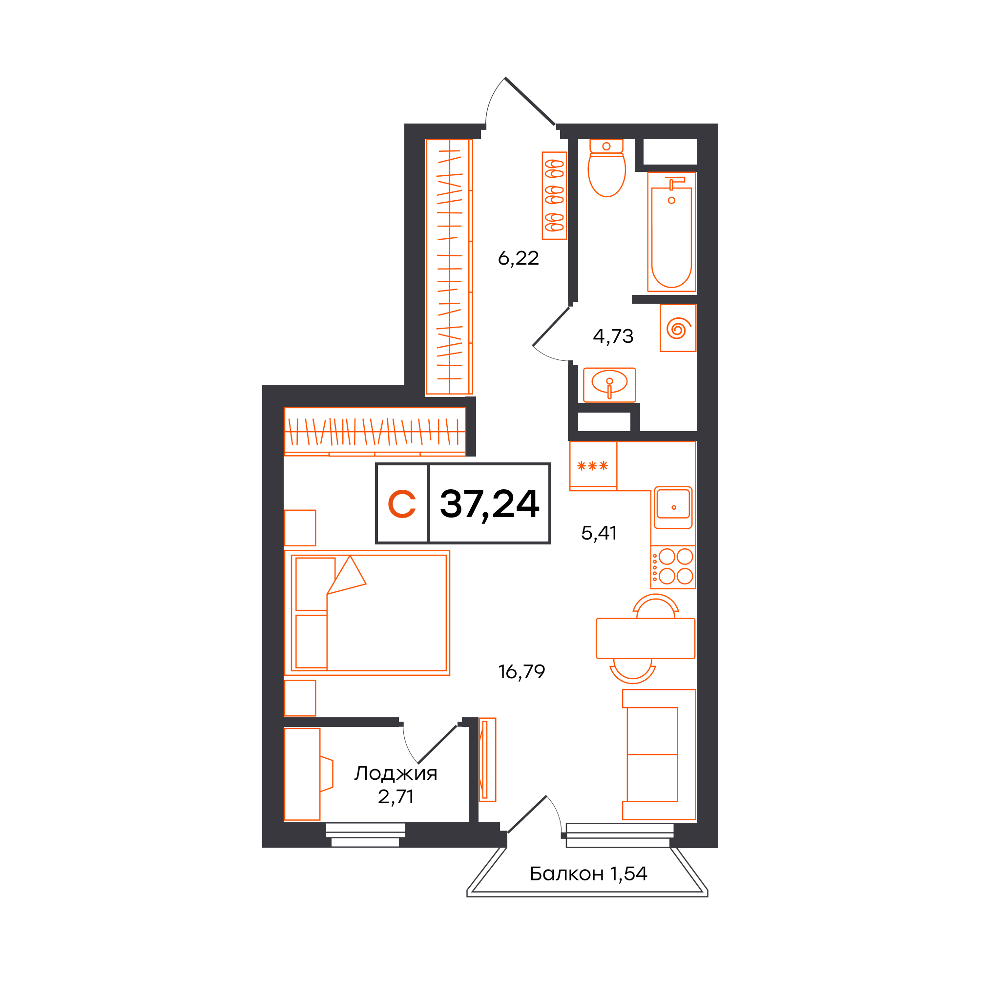 Планировка: Студия 37.2 м² в ЖК Отличие, Комарово Парк