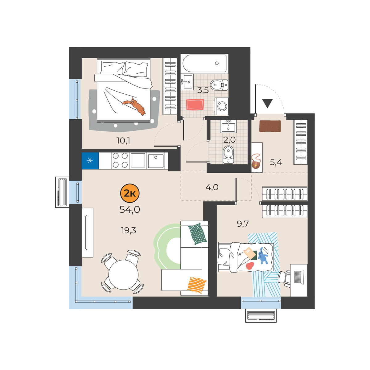 Планировка: Евротрешка 54 м² в ЖК Корней, Южный