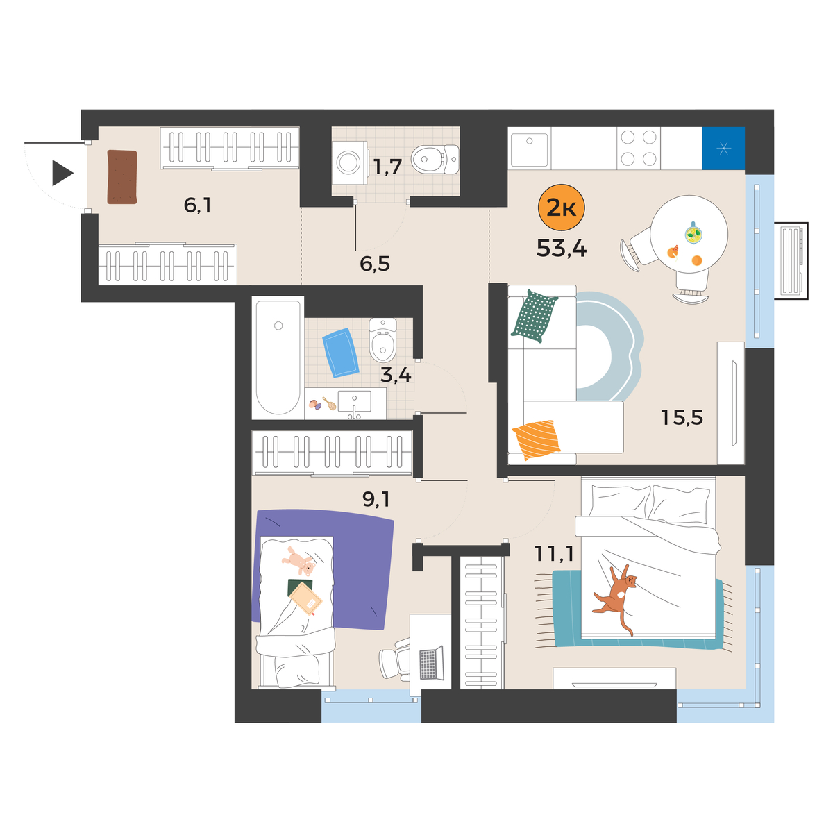 Планировка: Евротрешка 53.4 м² в ЖК Корней, Южный