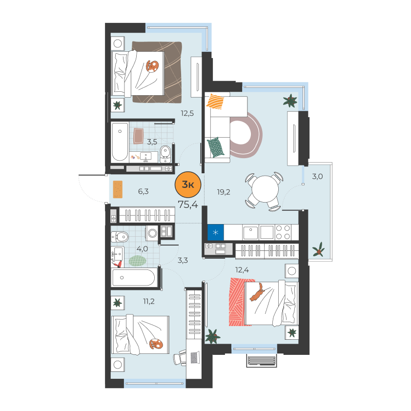 Планировка: 4-комнатная евро 72.4 м² в ЖК Корней, Южный
