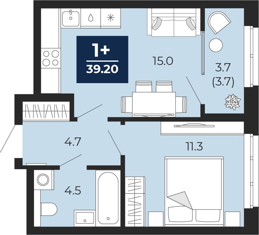 Планировка: Евродвушка 39.2 м² в ЖК Мириады, Мыс