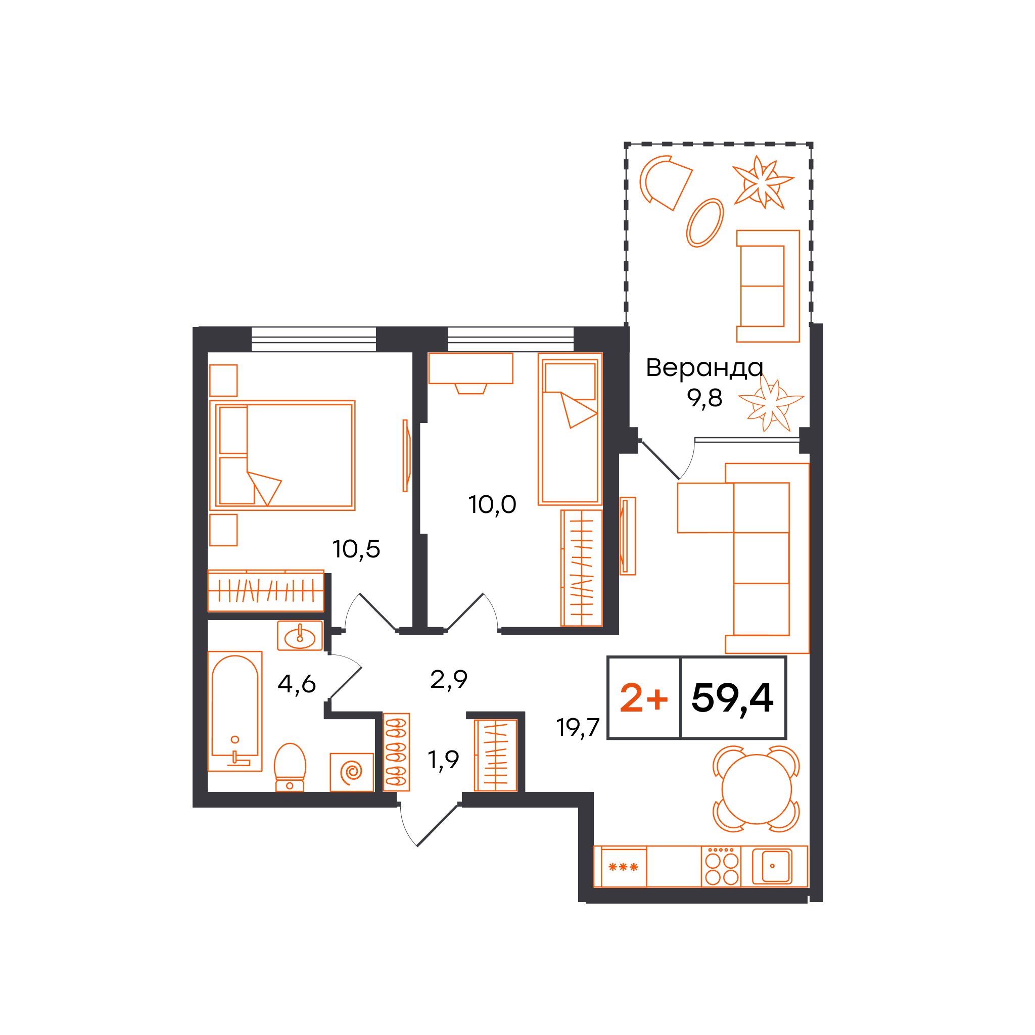Планировка: Евротрешка 59.4 м² в ЖК Чемпионский, Чемпионский