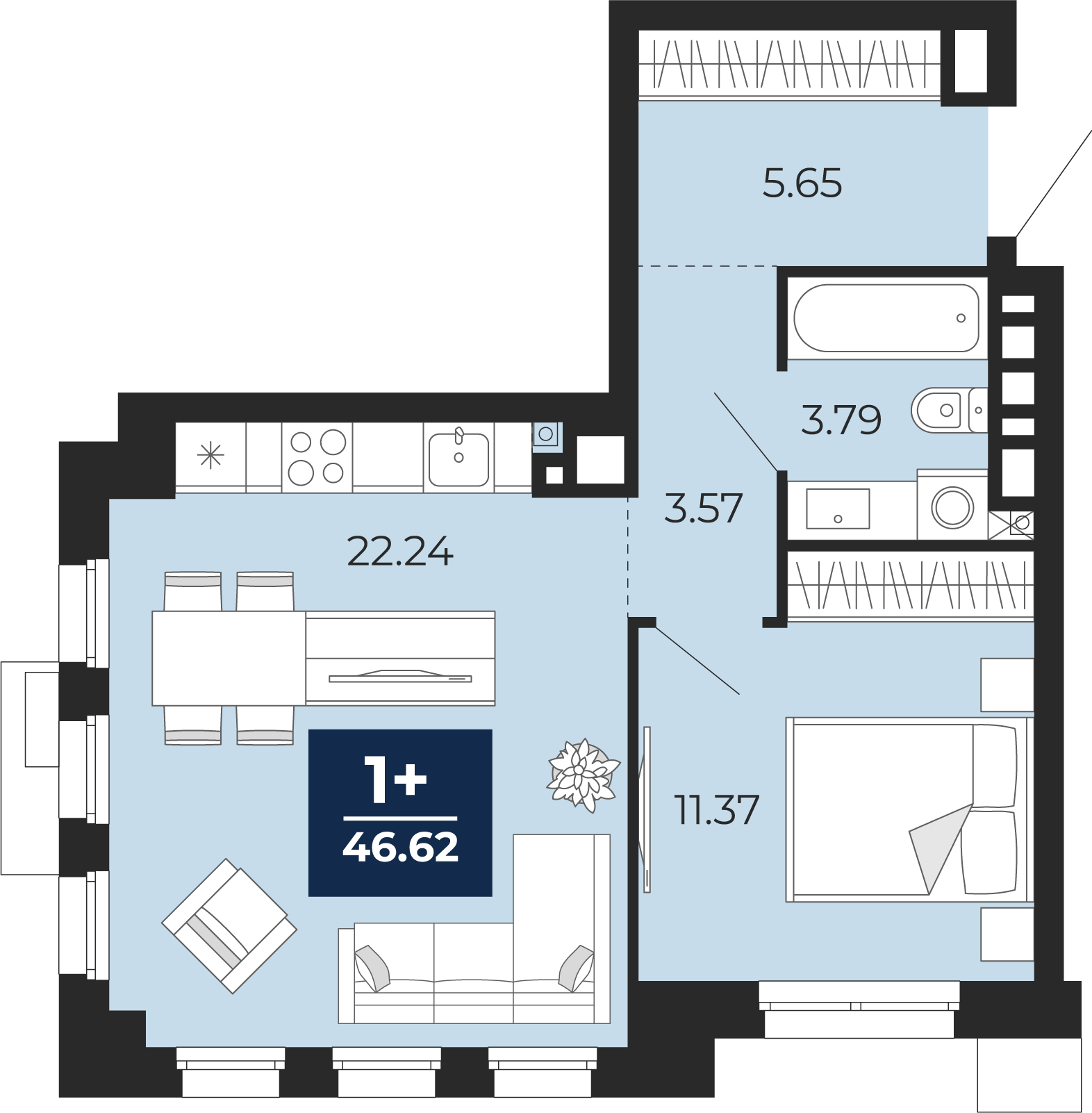 Планировка: Евродвушка 46.6 м² в ЖК Айвазовский, 5-й Заречный