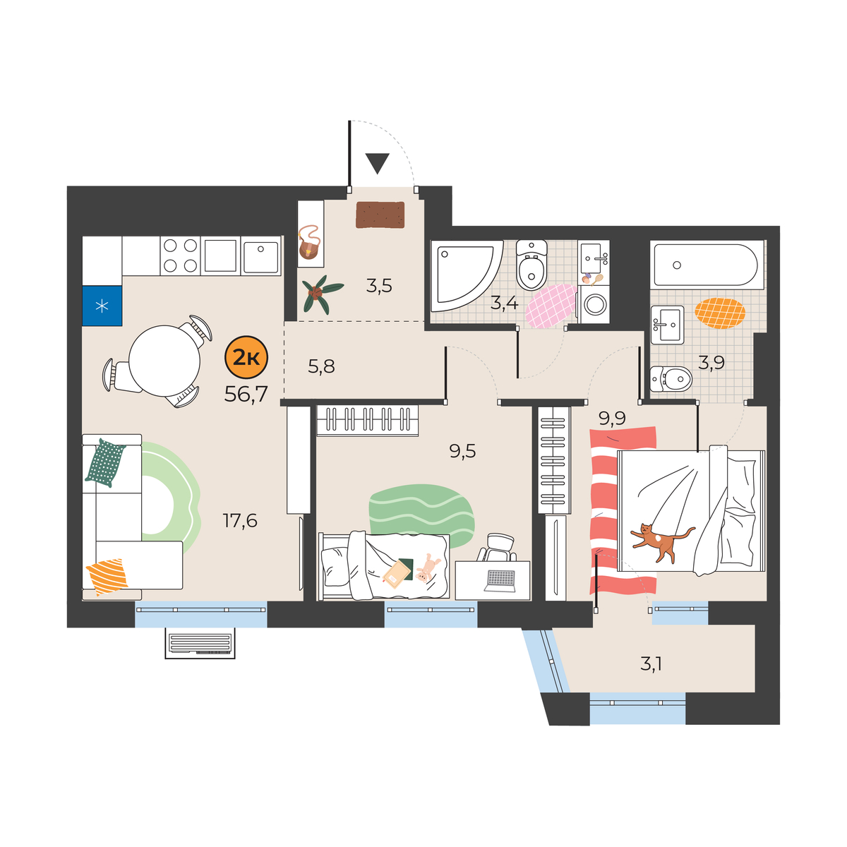 Планировка: Евротрешка 54.5 м² в ЖК Корней, Южный
