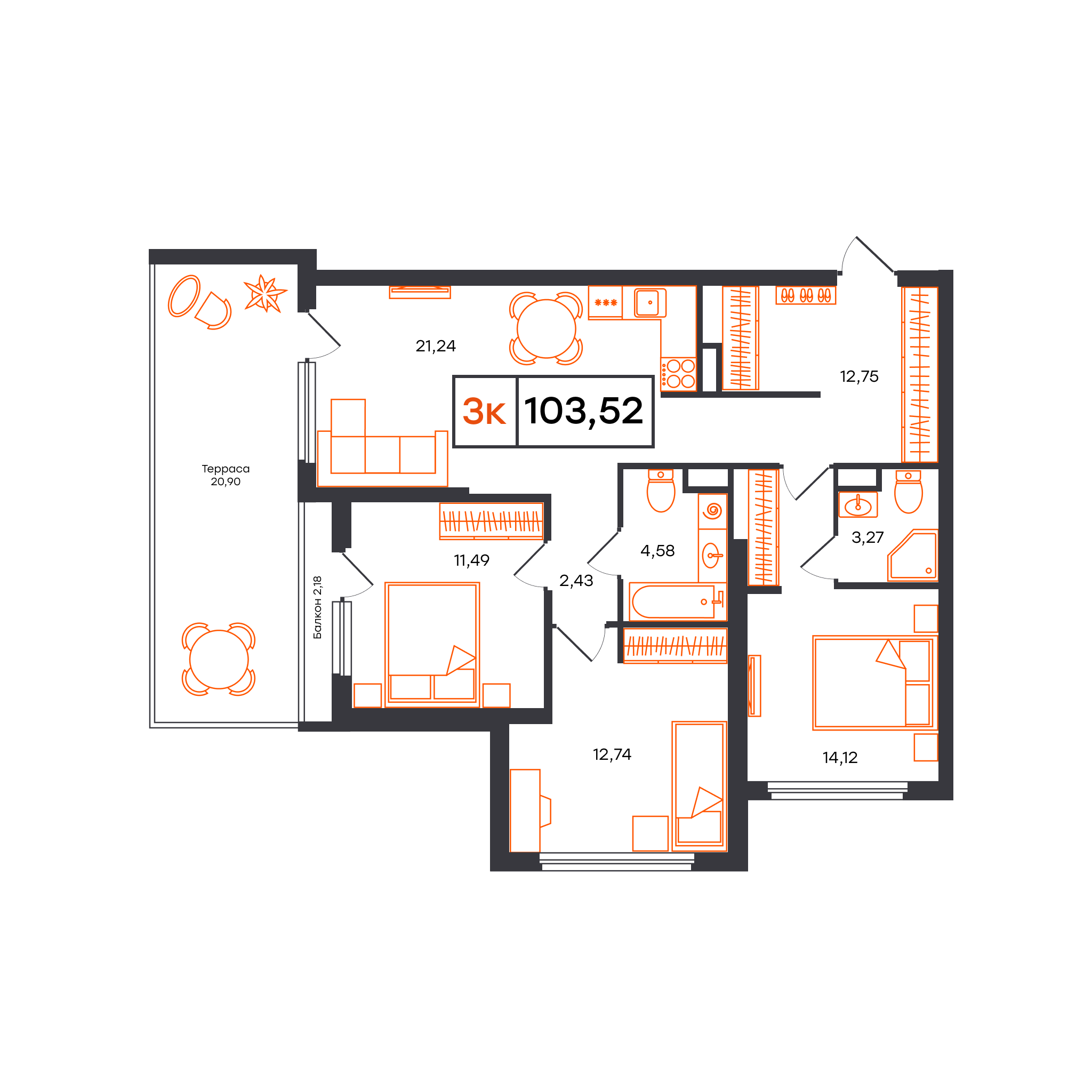 Планировка: 4-комнатная евро 103.5 м² в ЖК Отличие, Комарово Парк