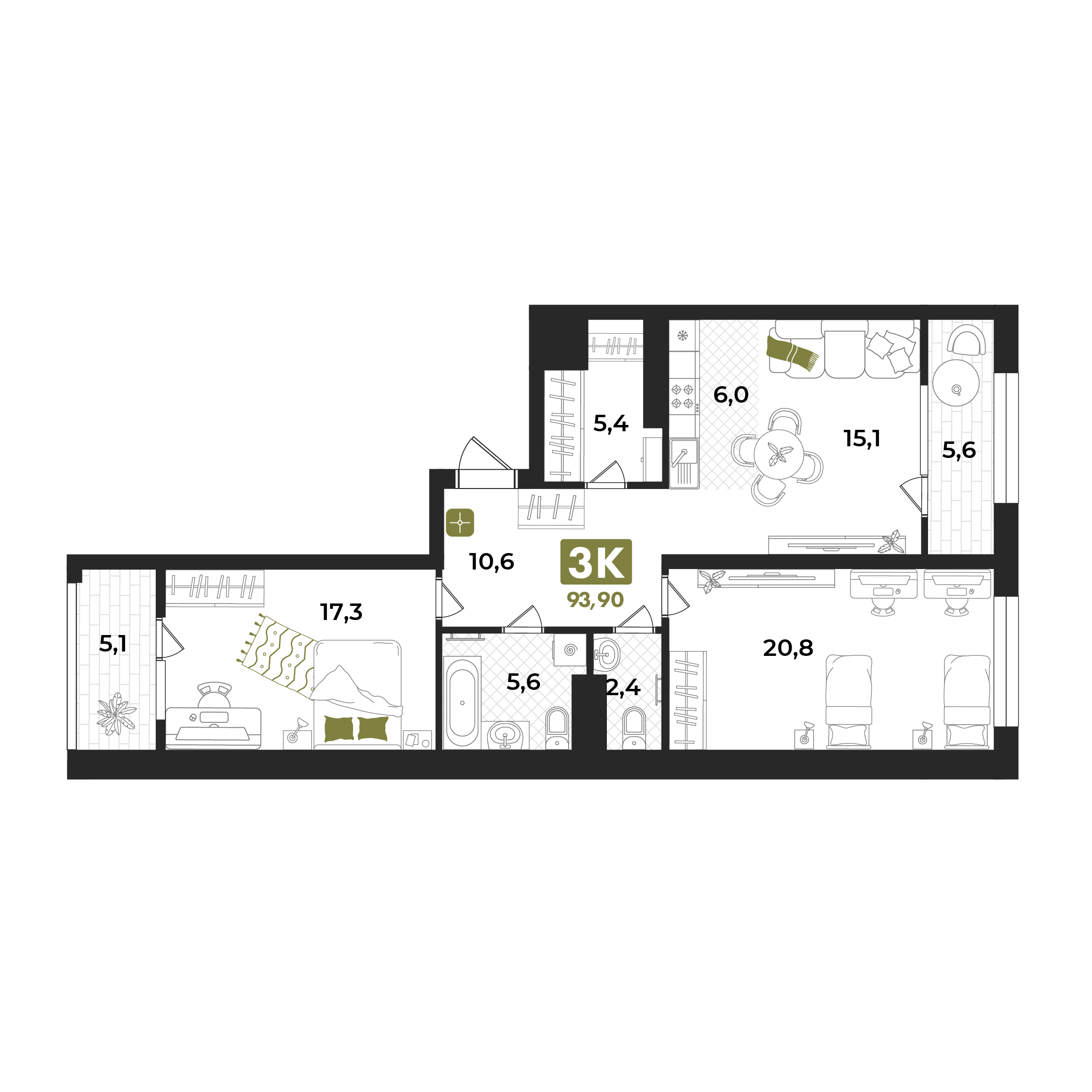 Планировка: Евротрешка 93.6 м² в ЖК Авторский проект "Опера", 5-й Заречный