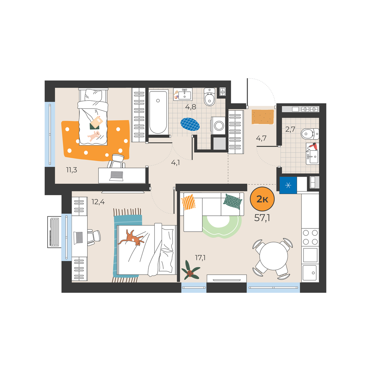 Планировка: Евротрешка 57.1 м² в ЖК Корней, Южный