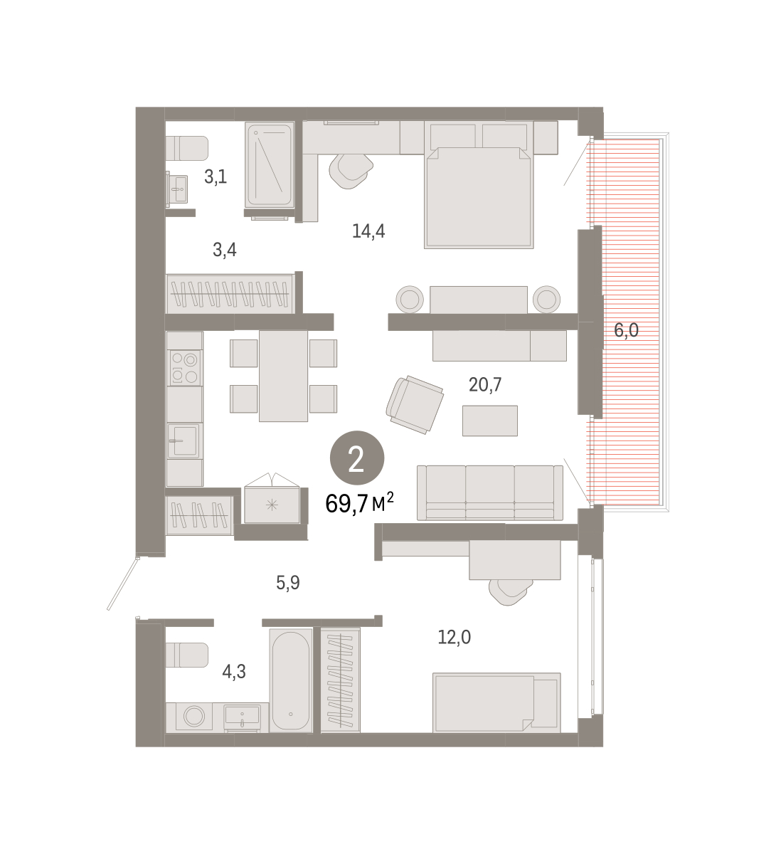 Планировка: Евротрешка 70.5 м² в ЖК Республики 205, Центр: КПД