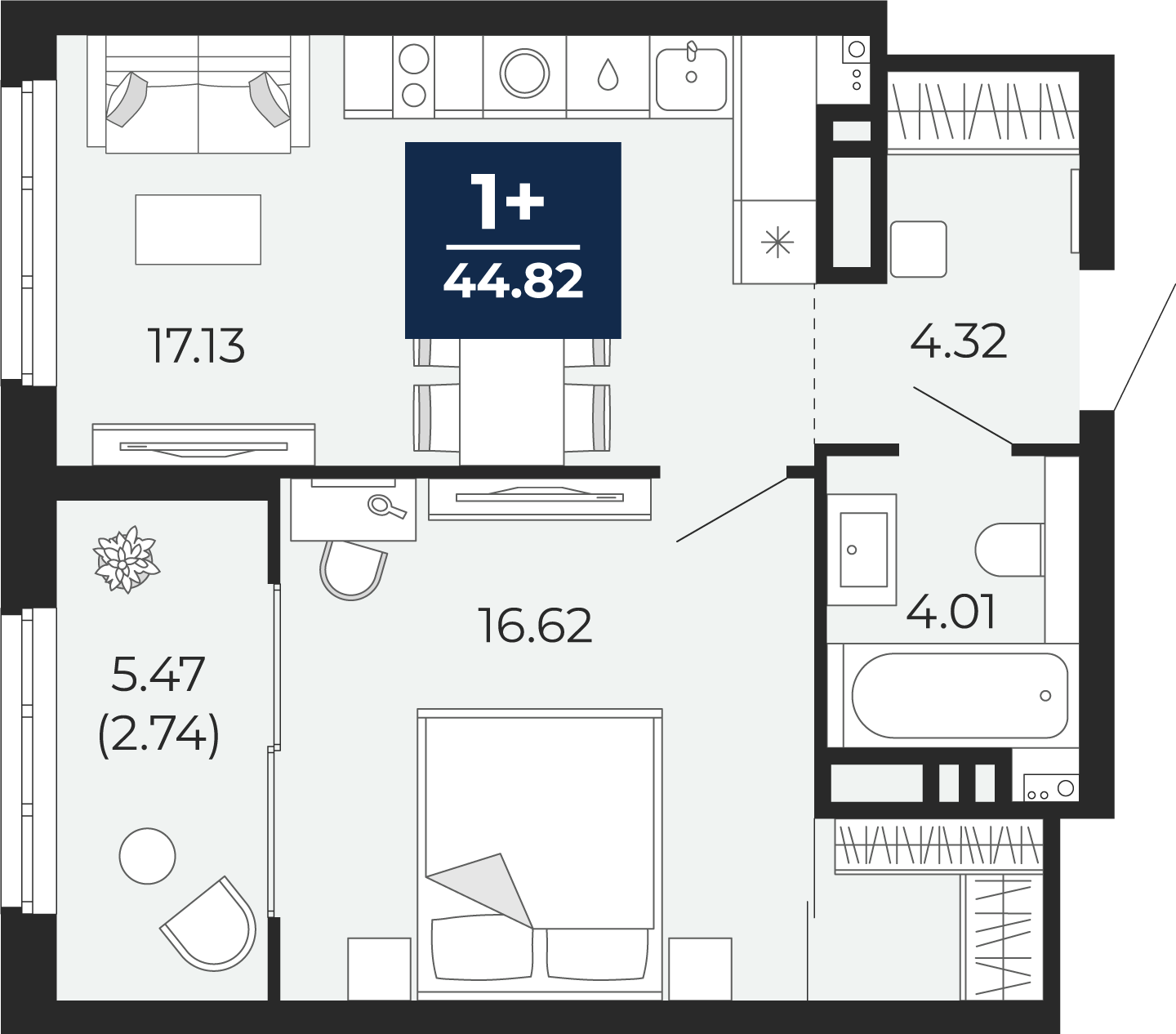 Планировка: Евродвушка 42.1 м² в ЖК Беринг, Лесобаза