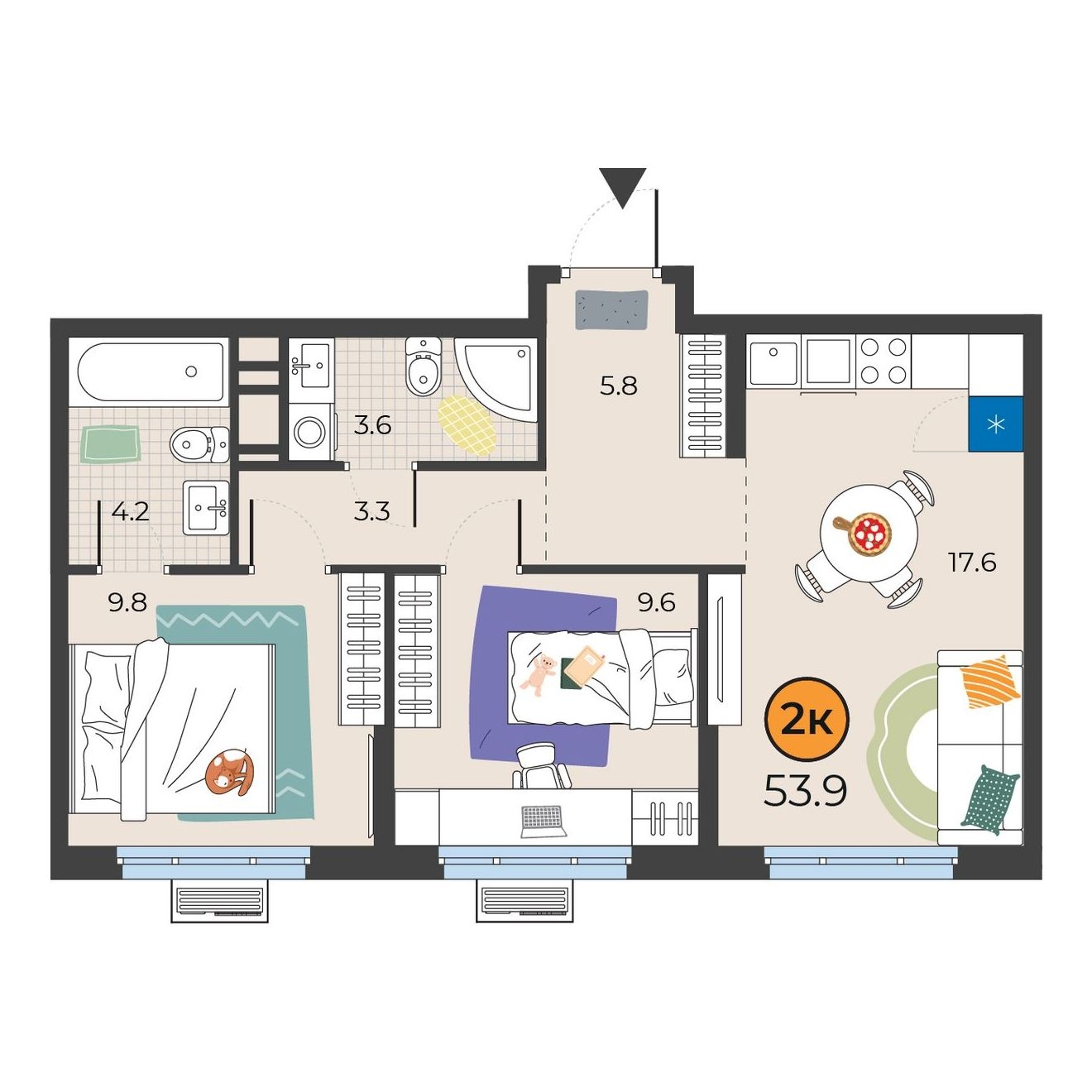 Планировка: Евротрешка 53.9 м² в ЖК Корней, Южный