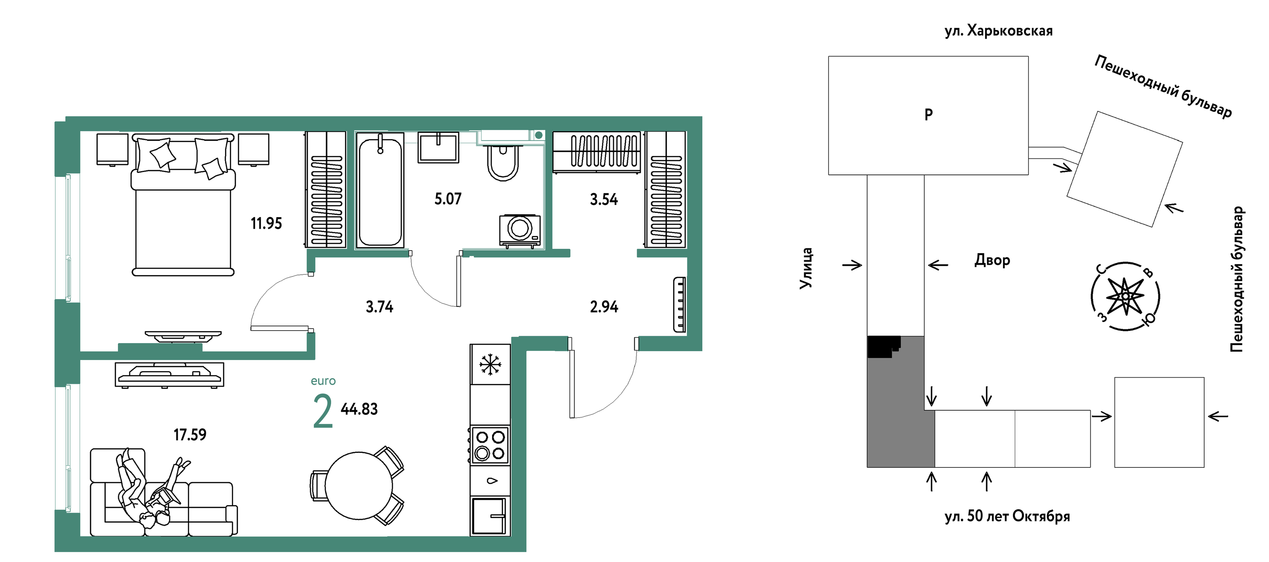 Планировка: Евродвушка 44.8 м² в ЖК Сердце Сибири, Центр: КПД